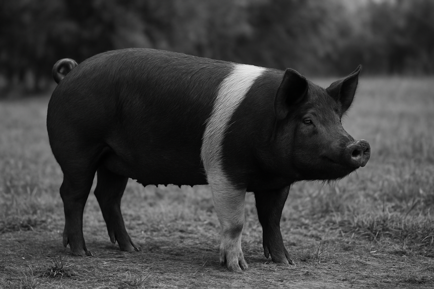 Black and white berkshire pig standing in a field