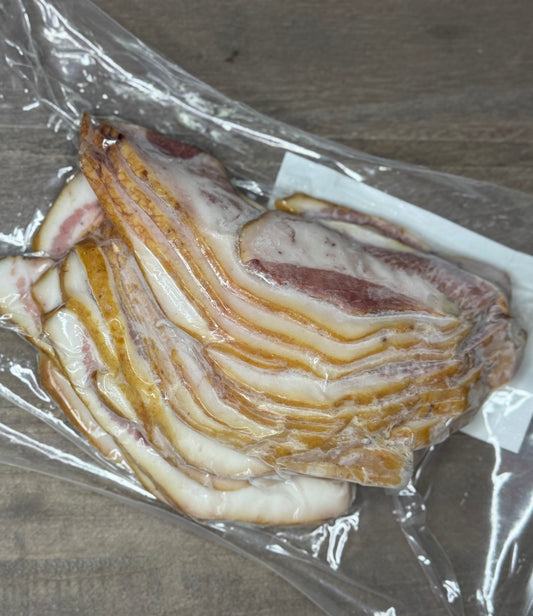 Packaged sliced jowl bacon on a wooden surface
