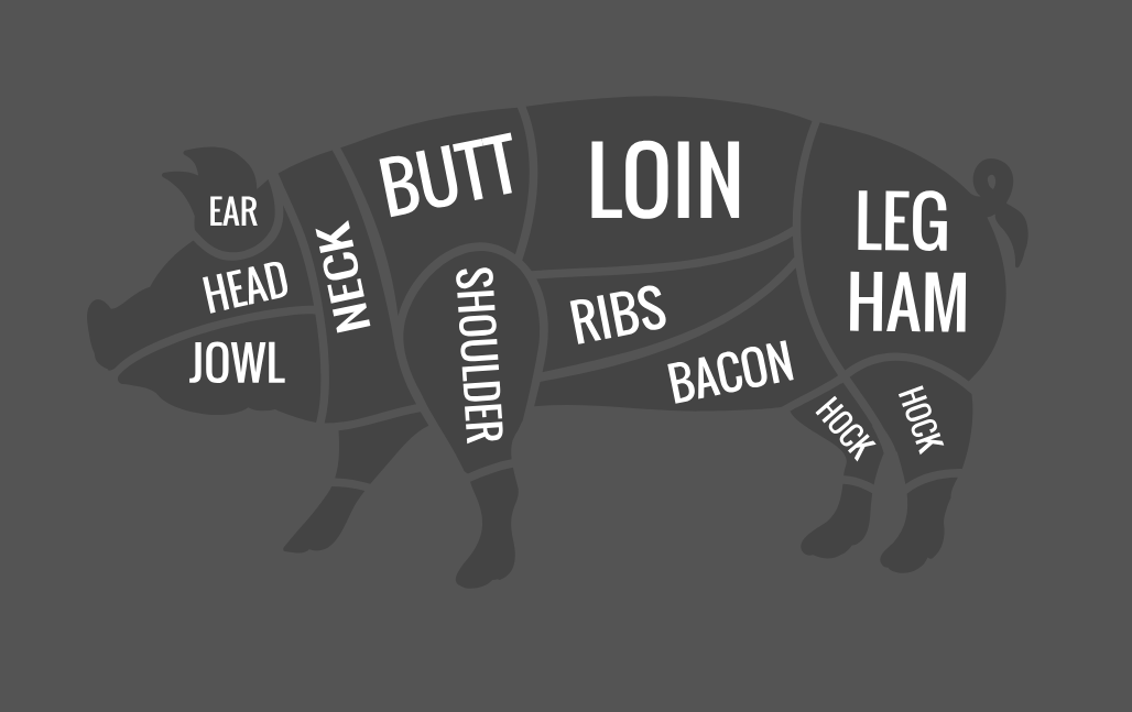 Diagram of a pig showing cuts of meat on a gray background