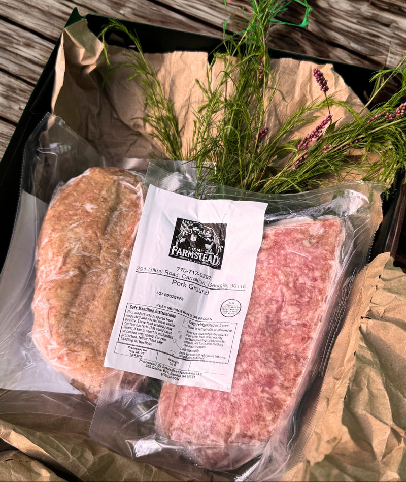 Vacuum-sealed packs of pasture-raised ground pork from The MF Farmstead in Carrollton, Georgia, displayed in rustic packaging with herbs.