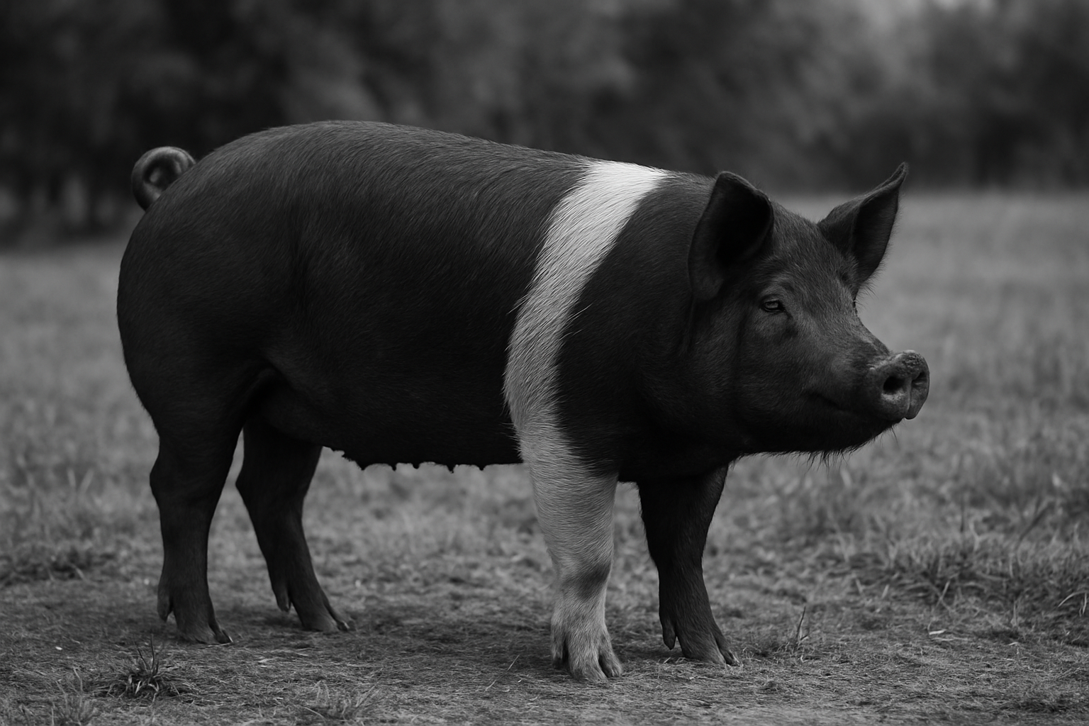 Black and white berkshire pig standing in a field