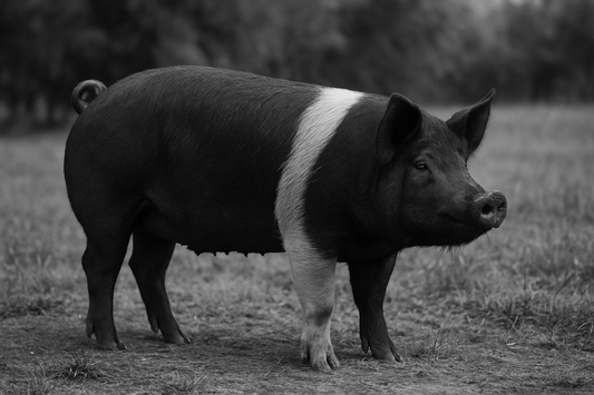 Black and white berkshire pig standing in a field