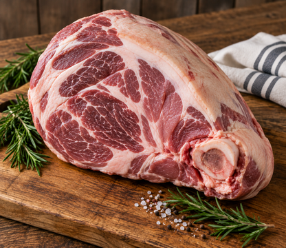 A large raw beef chuck roast with marbling and a bone, placed on a wooden cutting board with rosemary sprigs, coarse salt, and a striped cloth napkin.