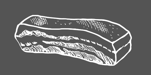 White line drawing of a slab of pork belly on a black background