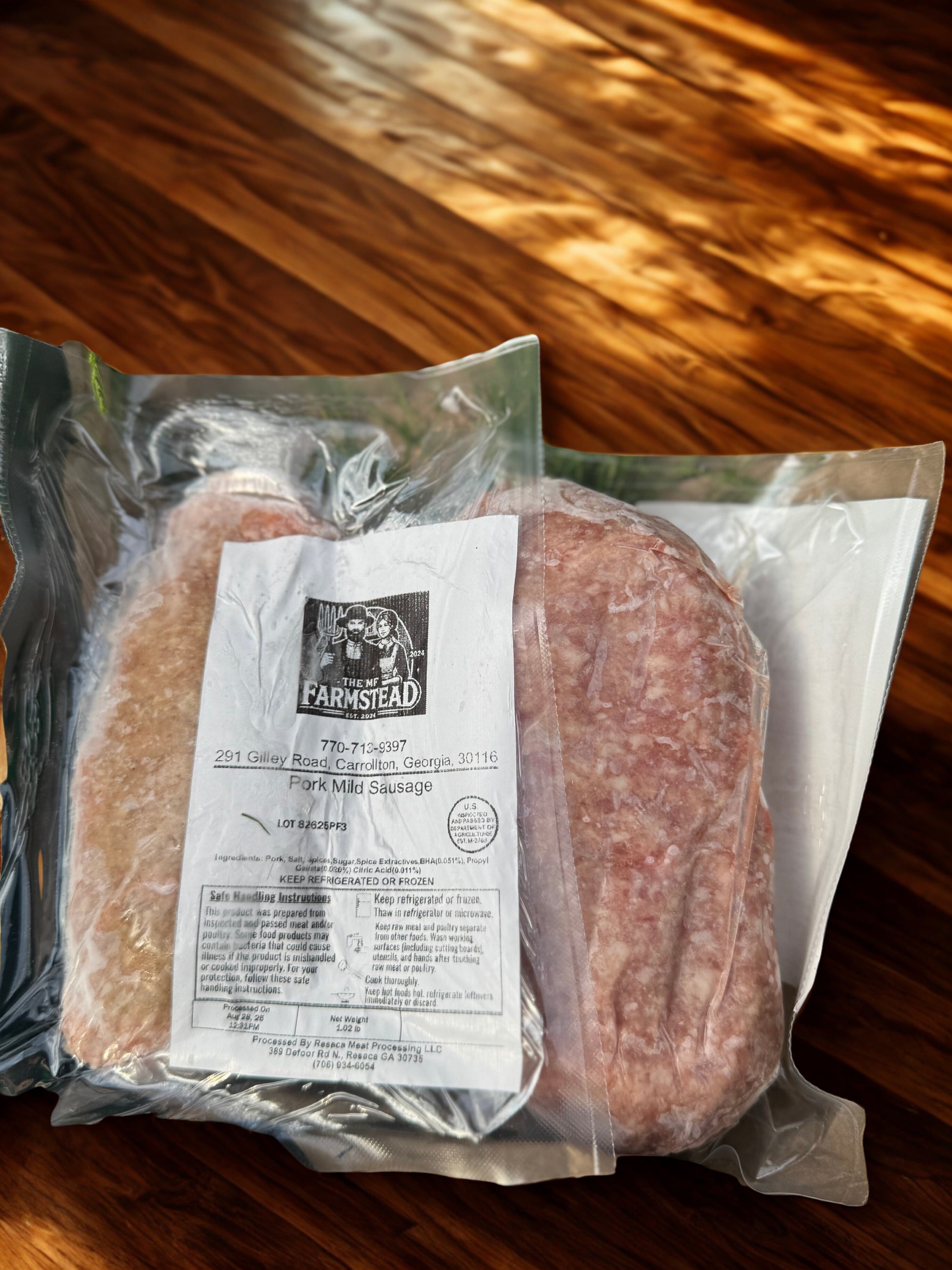 Vacuum-sealed packs of pork mild sausage from The MF Farmstead in Carrollton, Georgia, made from pasture-raised heritage pork.