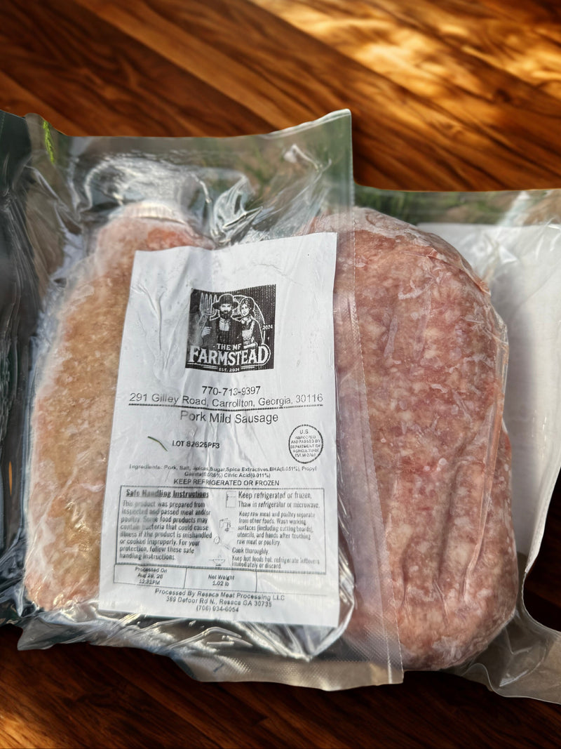 Vacuum-sealed packs of pork mild sausage from The MF Farmstead in Carrollton, Georgia, made from pasture-raised heritage pork.