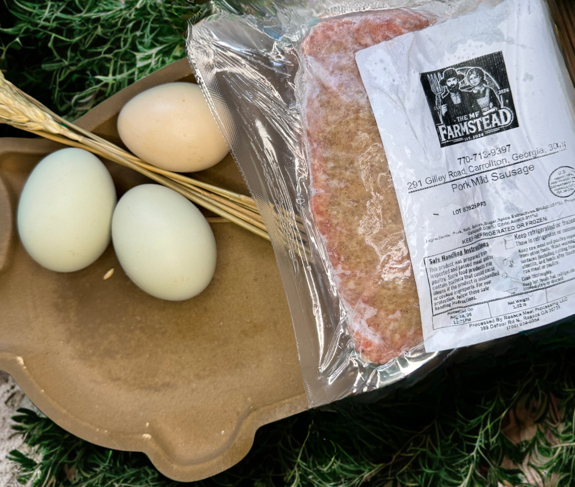 Farm-fresh pork mild sausage from The MF Farmstead in Carrollton, Georgia, packaged beside pasture eggs and wheat on a rustic background.